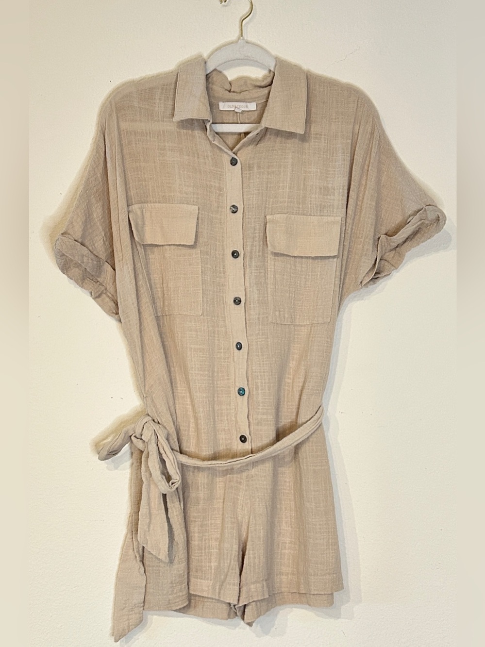 Olivaceous Beige Button-Front Short Jumpsuit